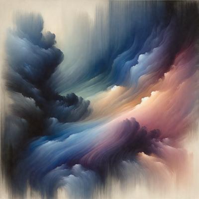 The primary subject of the image is a painting featuring a cloudy sky with a blue and purple hue. The setting is a cloudy sky, and the visual style is a painting. The dominant colors are blue and purple, creating a moody and atmospheric scene.